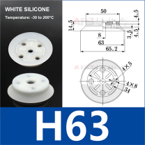 H63 White Silicone heavy-duty flat vacuum suction cup and technical dimensions