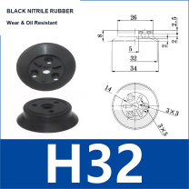 H32 Black Nitrile Rubber heavy-duty flat vacuum suction cup and technical dimensions