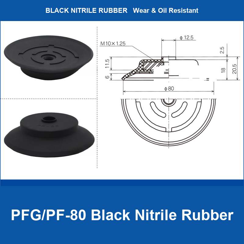 PFG/PF-80 Black Nitrile Rubber heavy-duty flat vacuum suction cup and technical dimensions