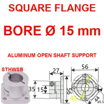 STHWSB square flange aluminum open shaft support, 15 mm bore
