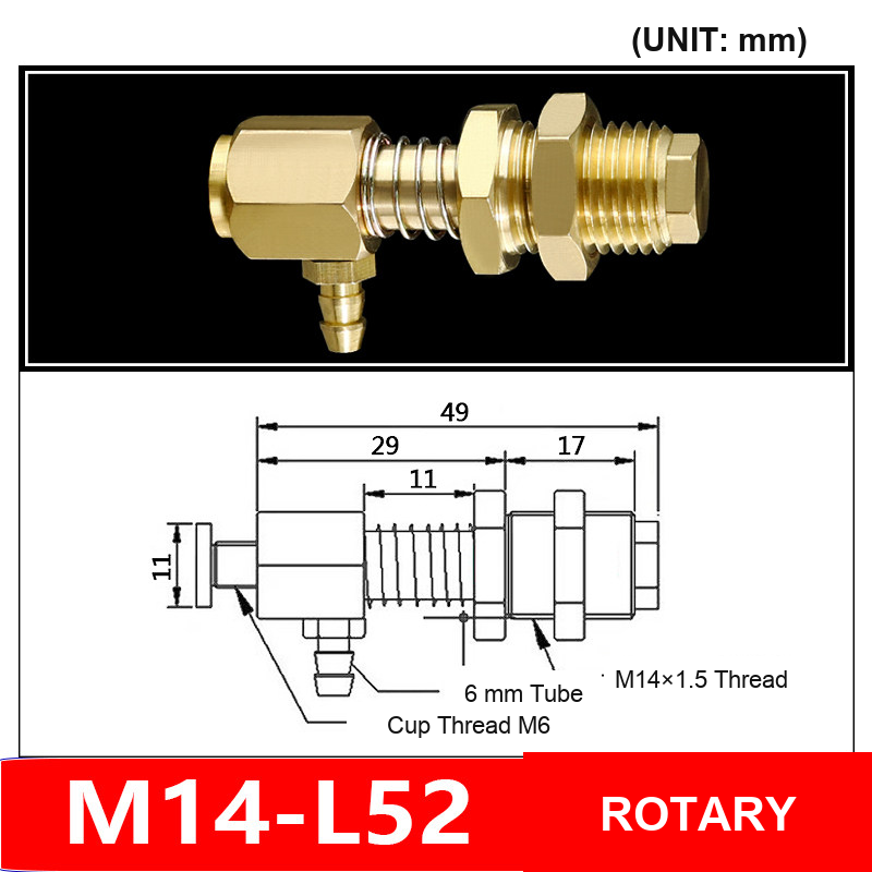 M14-L52 Side Inlet Rotary M14 side-inlet vacuum cup mounting fitting with technical dimensions