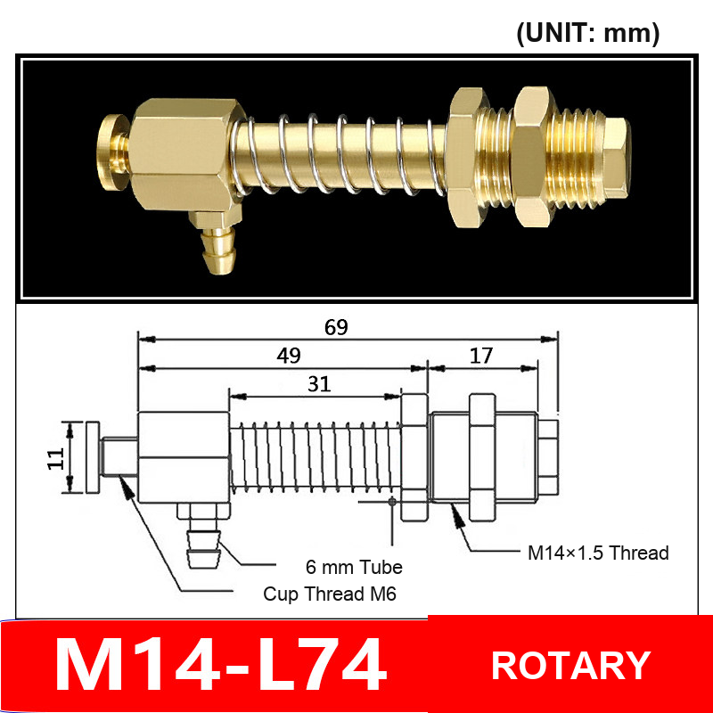 M14-L74 Side Inlet Rotary M14 side-inlet vacuum cup mounting fitting with technical dimensions