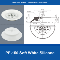 PF-150 Soft White Silicone heavy-duty flat vacuum suction cup and technical dimensions