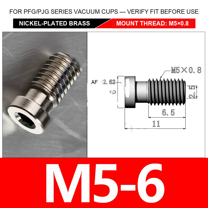 M5-6 nickel-plated brass vacuum cup threaded fitting, M5 mount thread, body code 6, with technical dimensions