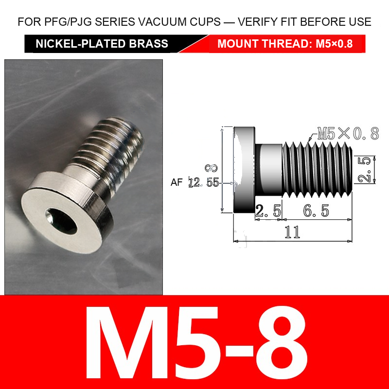 M5-8 nickel-plated brass vacuum cup threaded fitting, M5 mount thread, body code 8, with technical dimensions