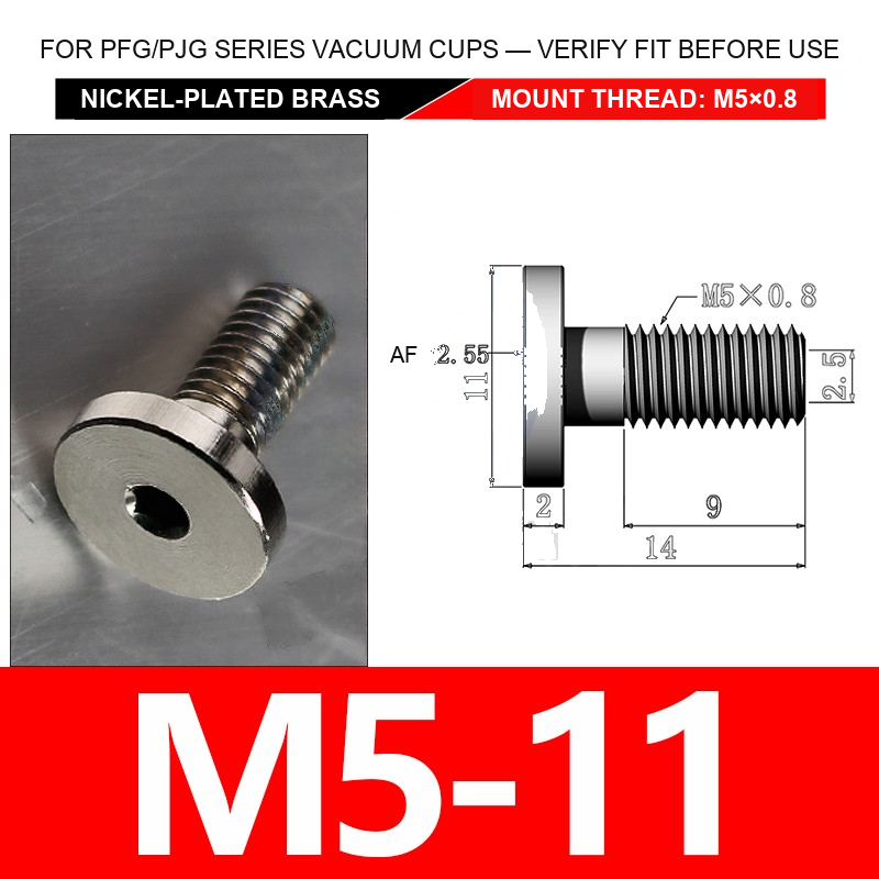 M5-11 nickel-plated brass vacuum cup threaded fitting, M5 mount thread, body code 11, with technical dimensions