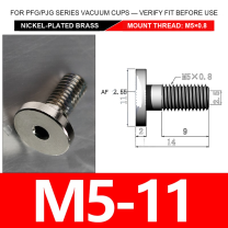 M5-11 nickel-plated brass vacuum cup threaded fitting, M5 mount thread, body code 11, with technical dimensions