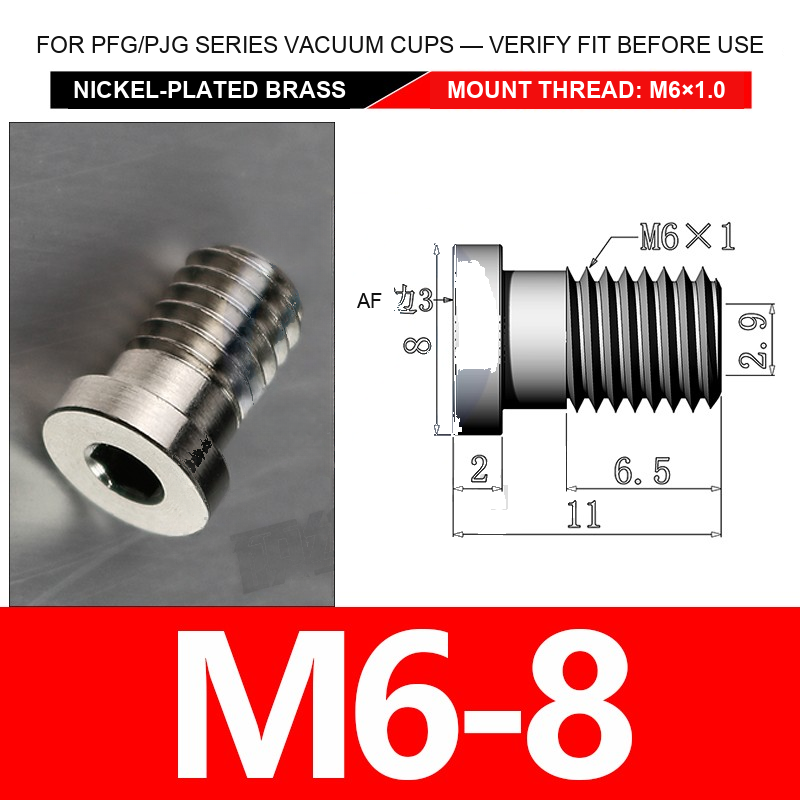 M6-8 nickel-plated brass vacuum cup threaded fitting, M6 mount thread, body code 8, with technical dimensions