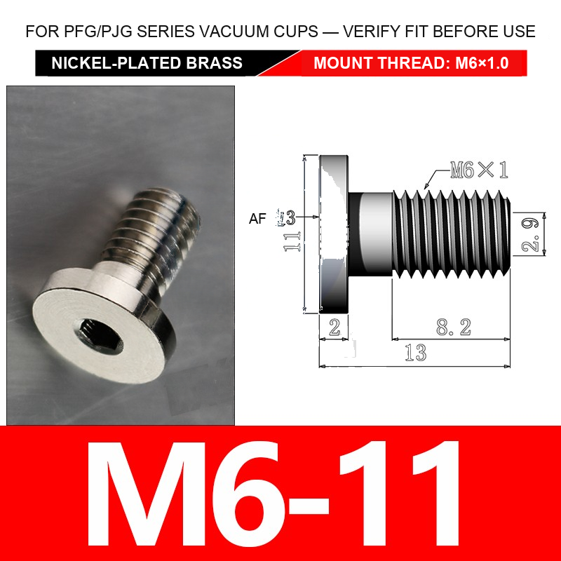 M6-11 nickel-plated brass vacuum cup threaded fitting, M6 mount thread, body code 11, with technical dimensions