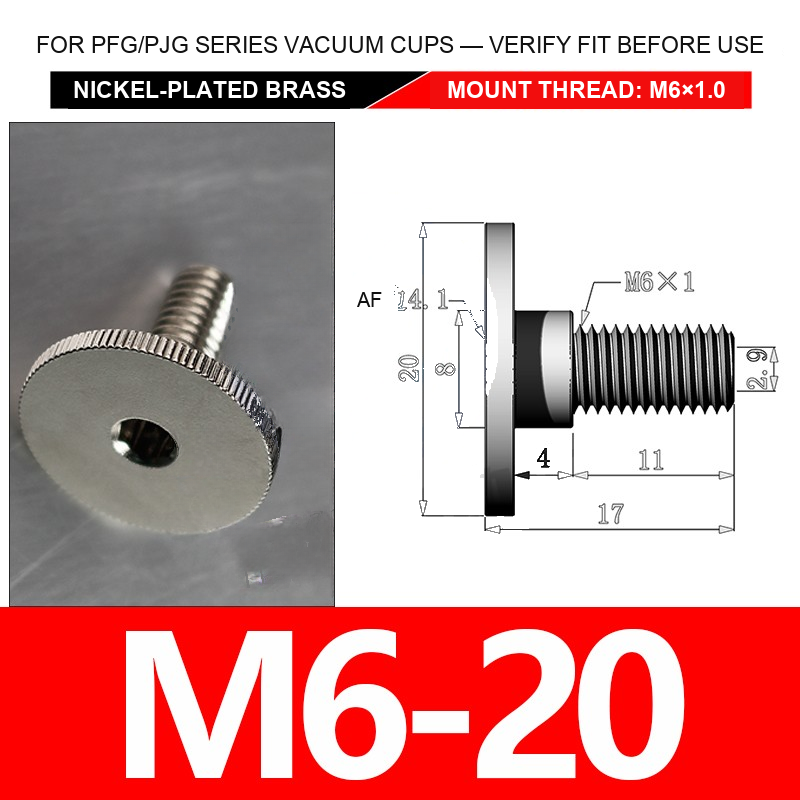 M6-20 nickel-plated brass vacuum cup threaded fitting, M6 mount thread, body code 20, with technical dimensions