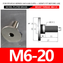 M6-20 nickel-plated brass vacuum cup threaded fitting, M6 mount thread, body code 20, with technical dimensions