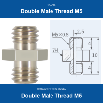Double Male Thread M5 threaded vacuum cup mount fitting with product view and dimensional drawing