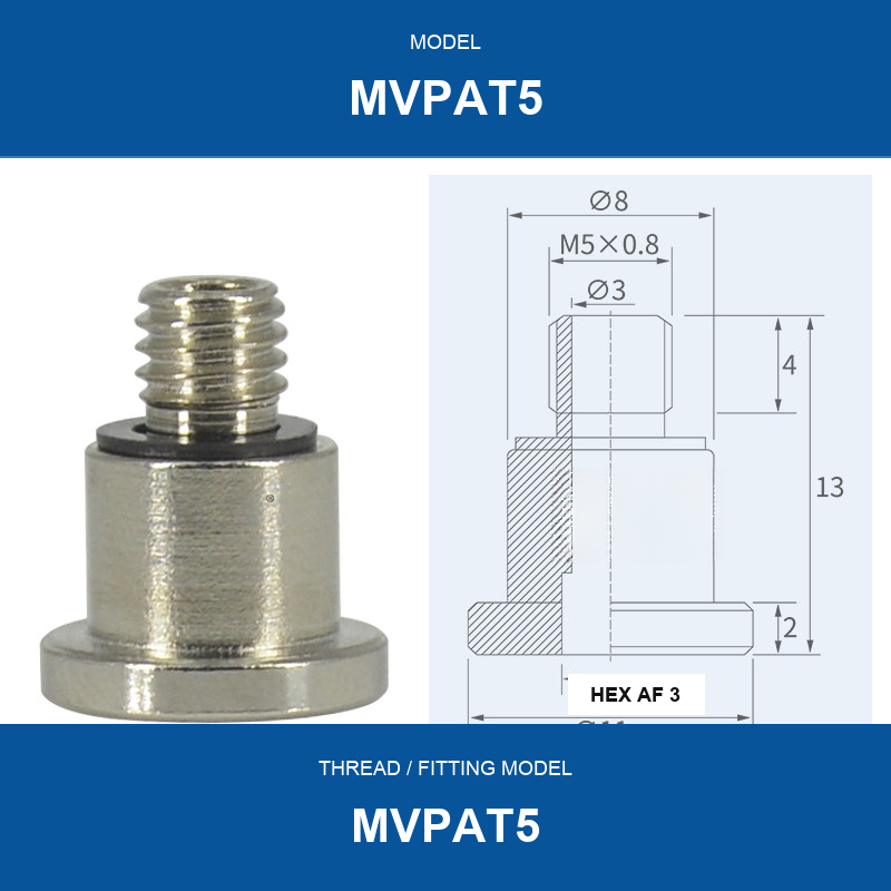 MVPAT5 threaded vacuum cup mount fitting with product view and dimensional drawing