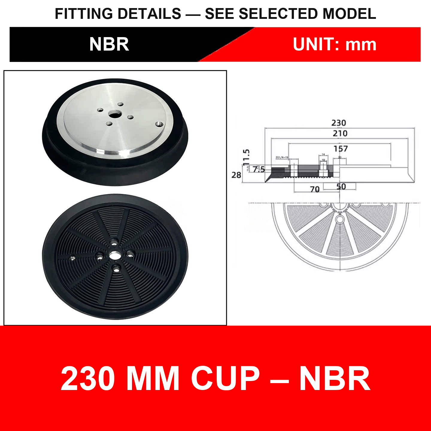 230 mm Cup – NBR heavy-duty vacuum cup or square-tube mount with technical dimensions