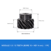Module 1.5 / 13T / Bore 10 mm / Key 4 mm helical gear technical drawing