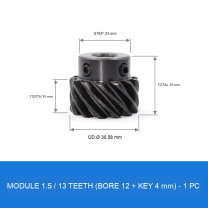 Module 1.5 / 13T / Bore 12 mm / Key 4 mm helical gear technical drawing