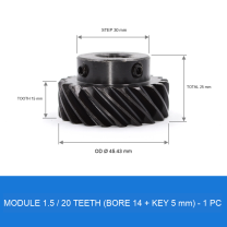 Module 1.5 / 20T / Bore 14 mm / Key 5 mm helical gear technical drawing
