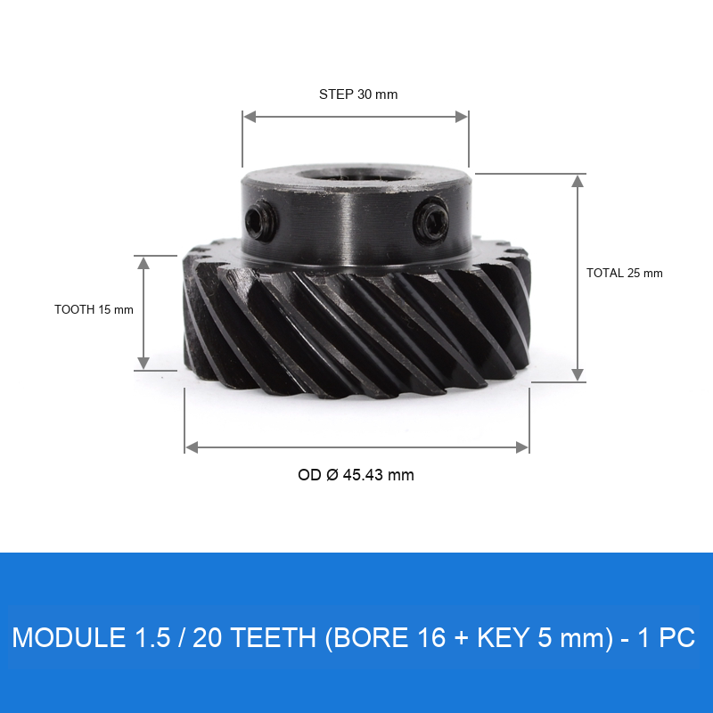 Module 1.5 / 20T / Bore 16 mm / Key 5 mm helical gear technical drawing