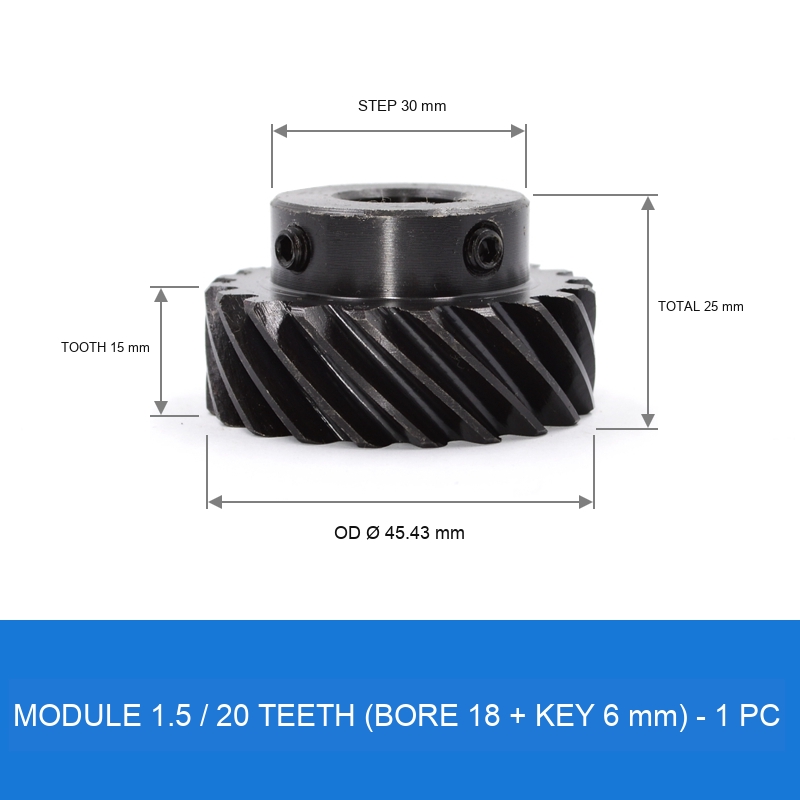 Module 1.5 / 20T / Bore 18 mm / Key 6 mm helical gear technical drawing