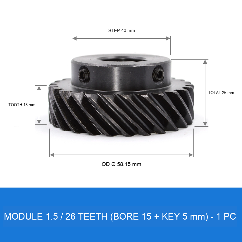 Module 1.5 / 26T / Bore 15 mm / Key 5 mm helical gear technical drawing