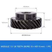Module 1.5 / 26T / Bore 18 mm / Key 6 mm helical gear technical drawing