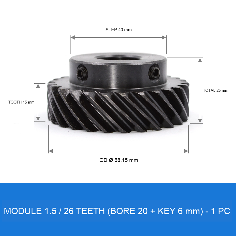 Module 1.5 / 26T / Bore 20 mm / Key 6 mm helical gear technical drawing