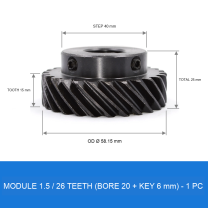 Module 1.5 / 26T / Bore 20 mm / Key 6 mm helical gear technical drawing