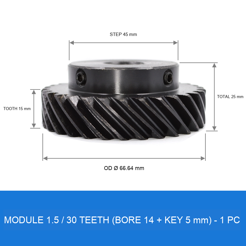 Module 1.5 / 30T / Bore 14 mm / Key 5 mm helical gear technical drawing