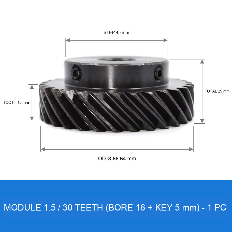 Module 1.5 / 30T / Bore 16 mm / Key 5 mm helical gear technical drawing