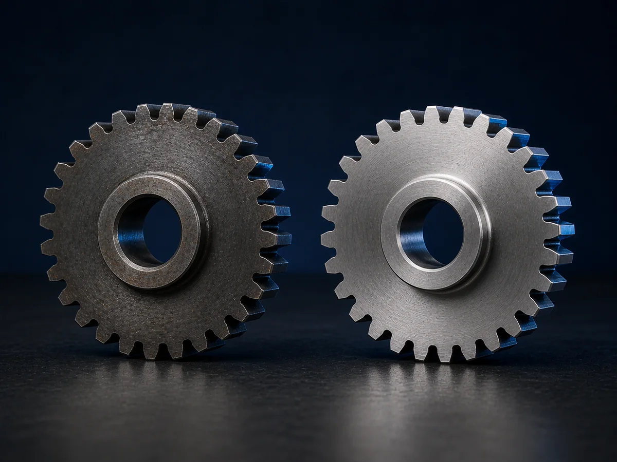 Illustrative render comparing a used gear sample with a generic replacement concept