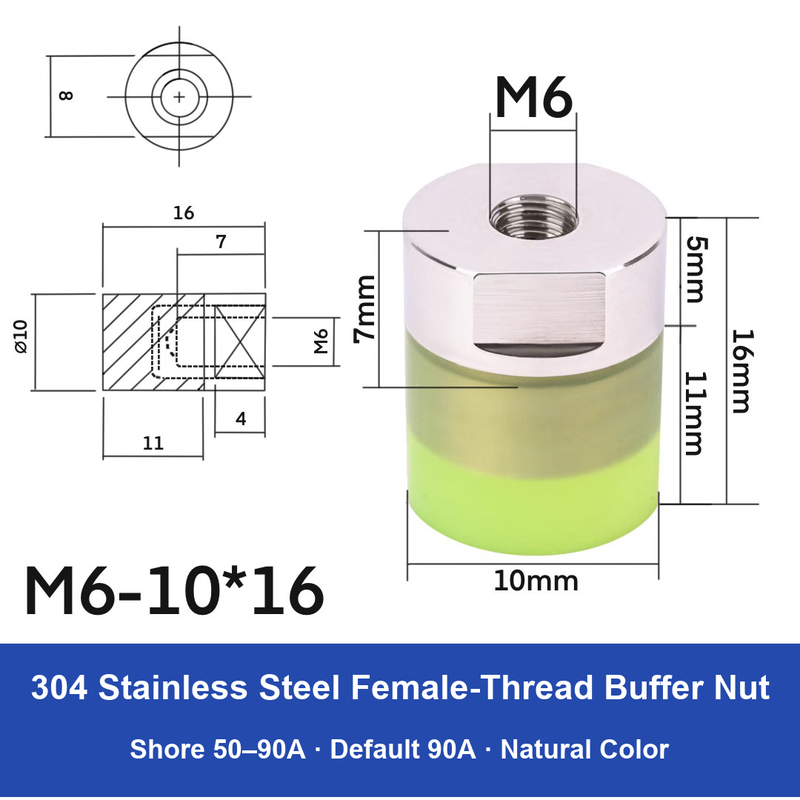 Female Thread M6 – Ø10 × 16 mm, 304 stainless steel polyurethane-coated buffer component