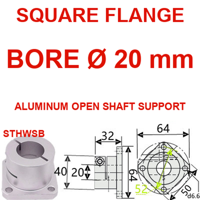 STHWSB square flange aluminum open shaft support, 20 mm bore