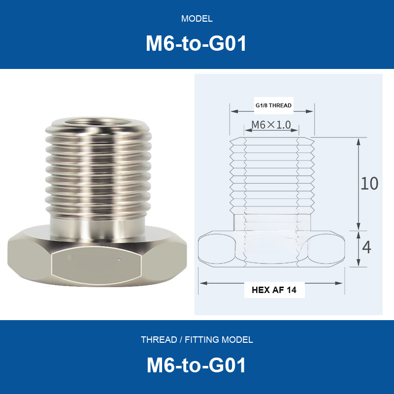 M6-to-G01 threaded vacuum cup mount fitting with product view and dimensional drawing