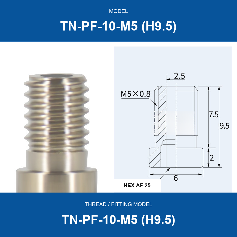 TN-PF-10-M5 (H9.5) threaded vacuum cup mount fitting with product view and dimensional drawing