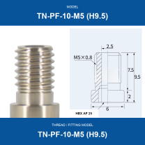 TN-PF-10-M5 (H9.5) threaded vacuum cup mount fitting with product view and dimensional drawing