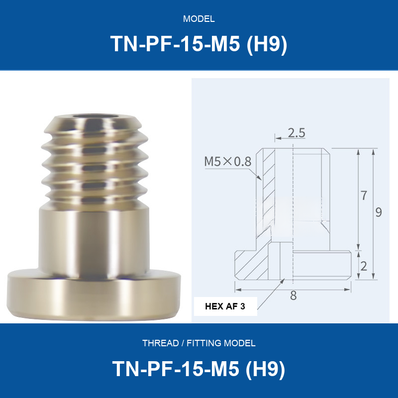 TN-PF-15-M5 (H9) threaded vacuum cup mount fitting with product view and dimensional drawing