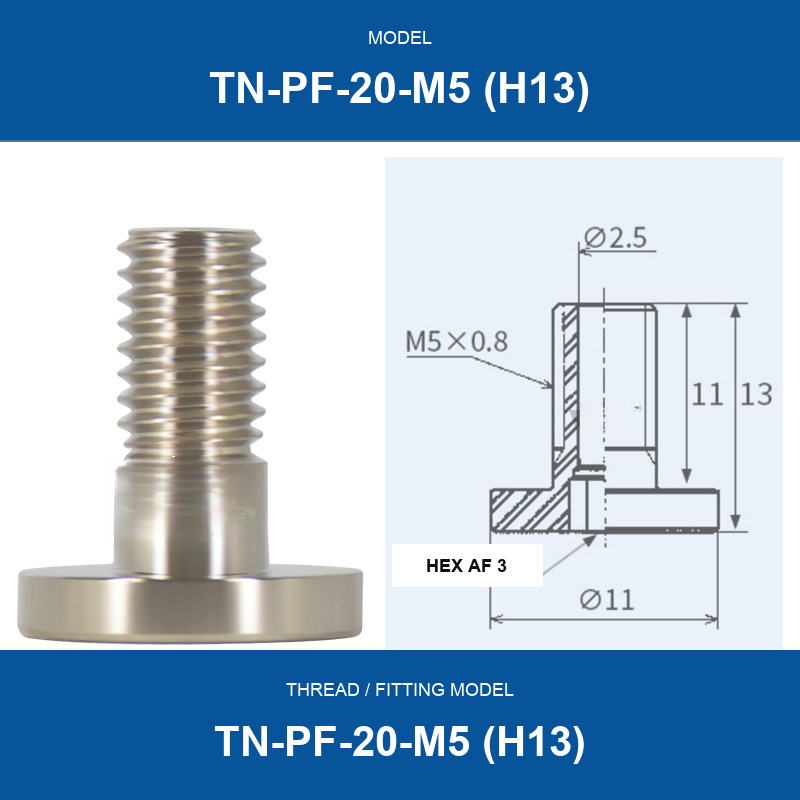 TN-PF-20-M5 (H13) threaded vacuum cup mount fitting with product view and dimensional drawing