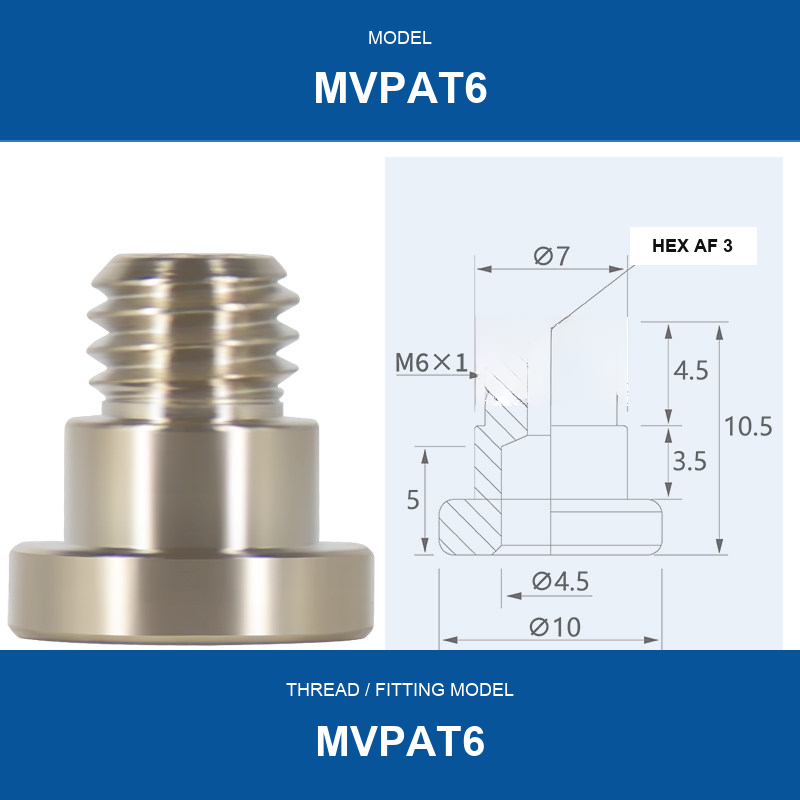 MVPAT6 threaded vacuum cup mount fitting with product view and dimensional drawing