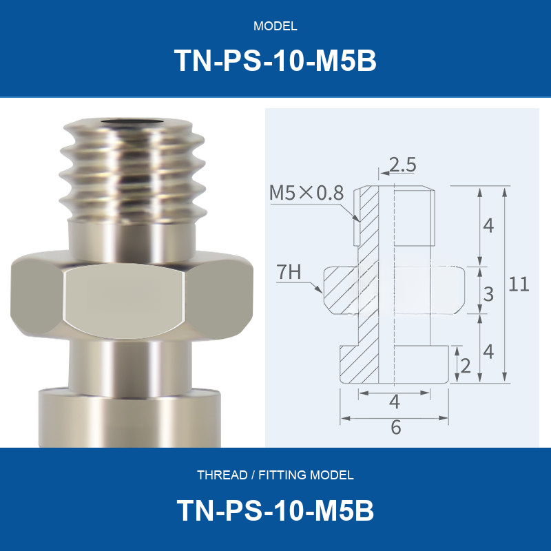 TN-PS-10-M5B threaded vacuum cup mount fitting with product view and dimensional drawing