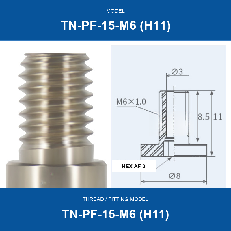 TN-PF-15-M6 (H11) threaded vacuum cup mount fitting with product view and dimensional drawing