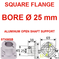 STHWSB square flange aluminum open shaft support, 25 mm bore