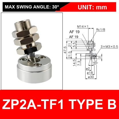 ZP2A-TF1 Type B swivel vacuum cup mounting fitting with technical dimensions
