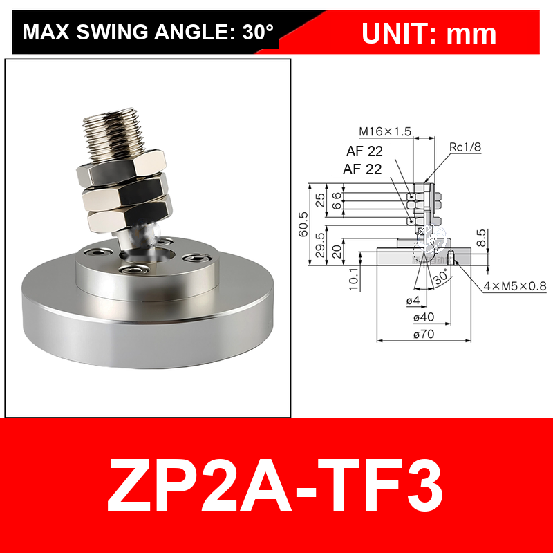 ZP2A-TF3 swivel vacuum cup mounting fitting with technical dimensions