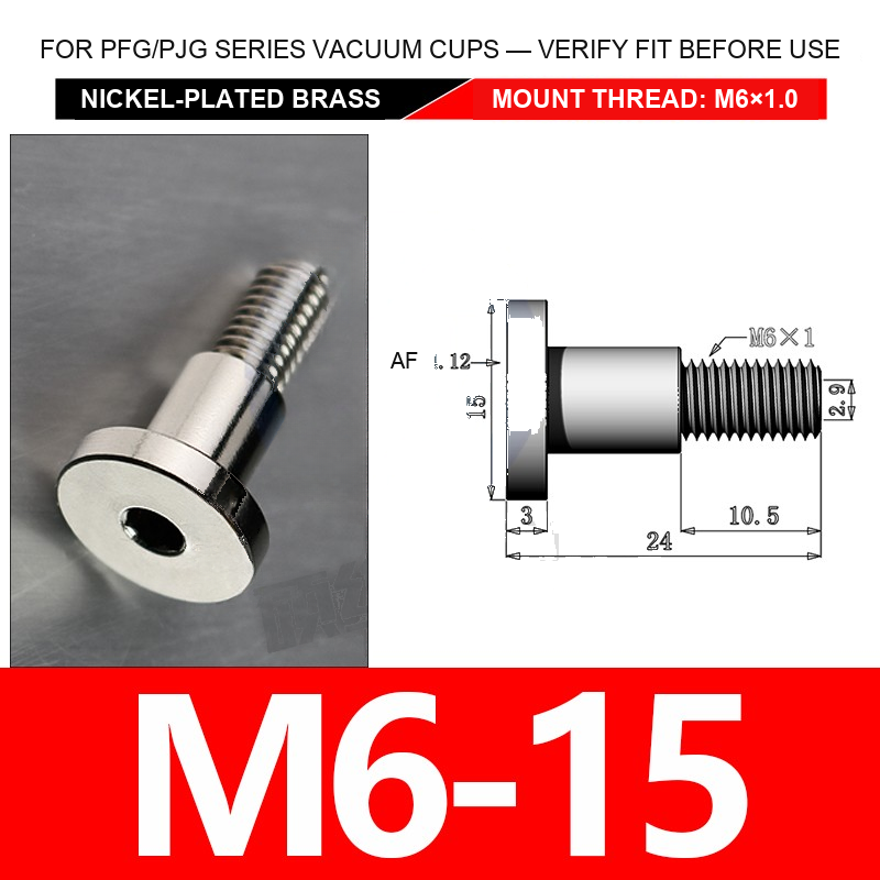 M6-15 nickel-plated brass vacuum cup threaded fitting, M6 mount thread, body code 15, with technical dimensions