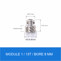 Module 1 / 13T / Bore 8 mm stainless steel helical gear technical drawing