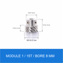 Module 1 / 15T / Bore 8 mm stainless steel helical gear technical drawing