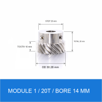 Module 1 / 20T / Bore 14 mm stainless steel helical gear technical drawing