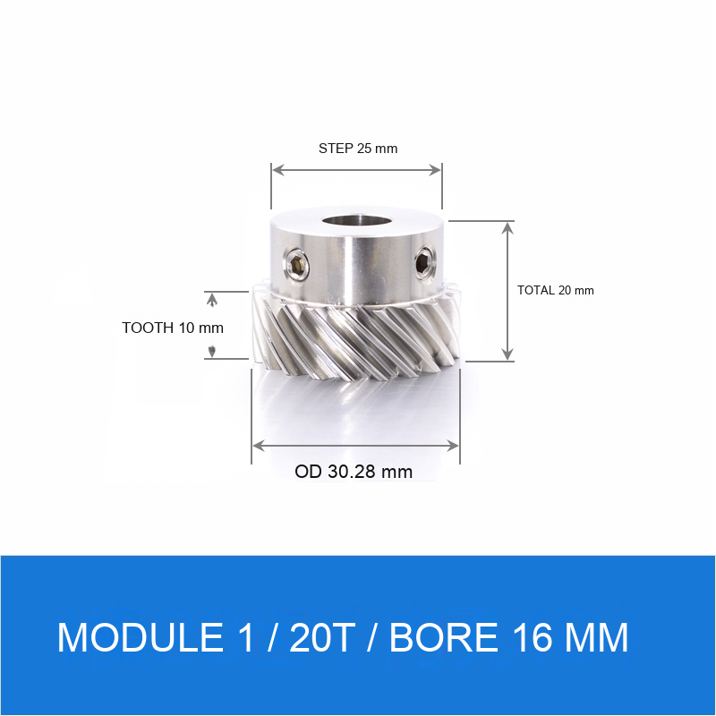 Module 1 / 20T / Bore 16 mm stainless steel helical gear technical drawing
