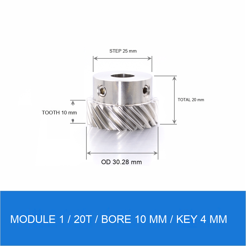 Module 1 / 20T / Bore 10 mm / Key 4 mm stainless steel helical gear technical drawing