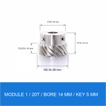 Module 1 / 20T / Bore 14 mm / Key 5 mm stainless steel helical gear technical drawing